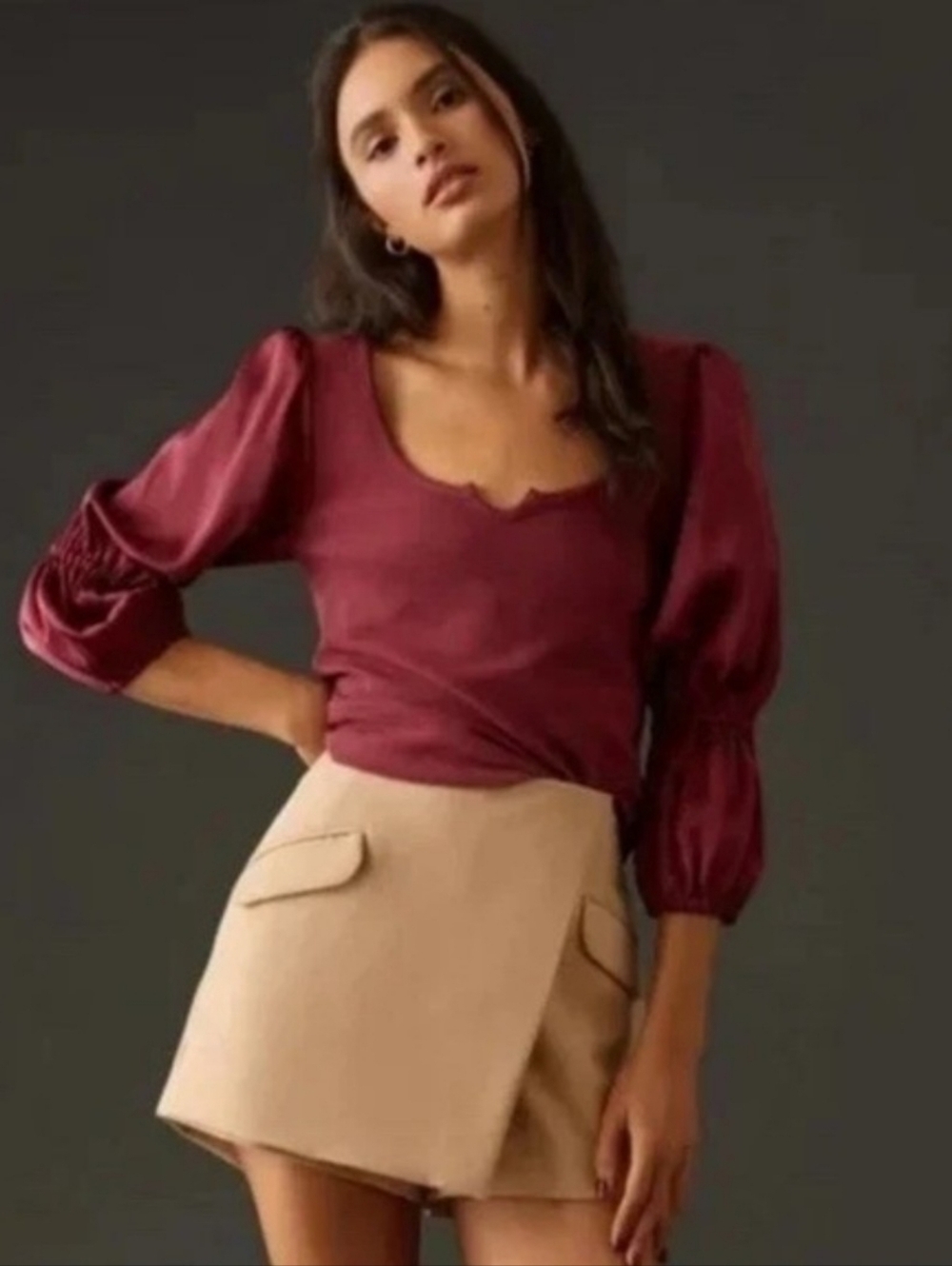 Maeve Anthropologie Burgundy Knit Top Sz S Ballon Sleeve Stylish Classic